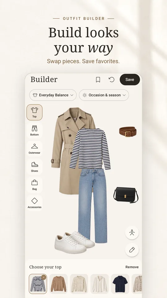 Builder screen putting a look together piece by piece